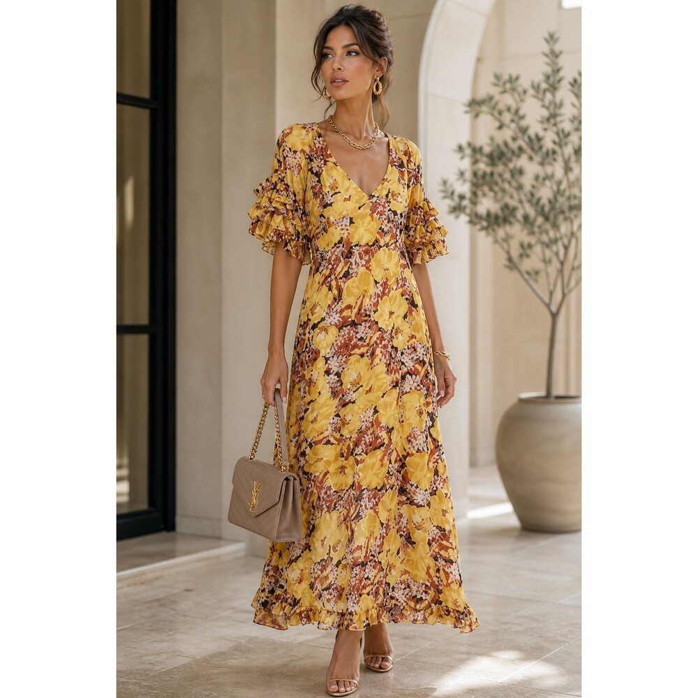 NWOT By TiMo Midi Dress Georgette Yellow Floral Print Ruffle Sleeve Flowy Size M